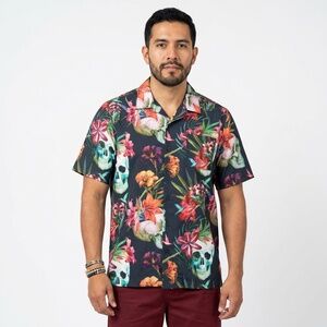 Standard Issue Men's Hawaiian Shirt - Skulls & Tropical Lilies Print - Size M